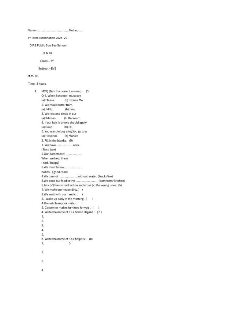 Class 1 EVS Exam Paper 2025-26 | PDF | Chess Theory | Chess