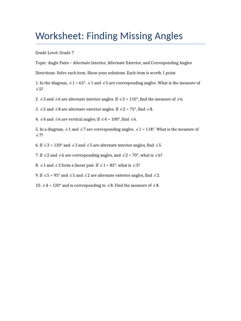 Grade 7 Missing Angles Worksheet | PDF