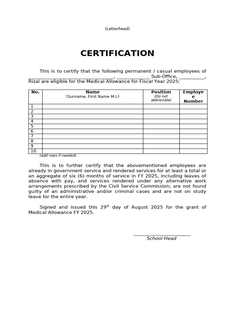 Medical Allowance Certification FY 2025 | PDF