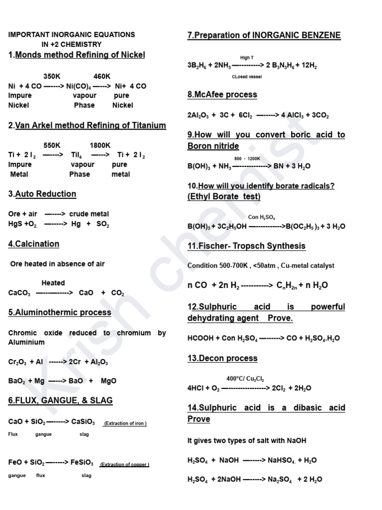Important Inorganic Equations in Inorganic +2chemistry | PDF | Sodium ...