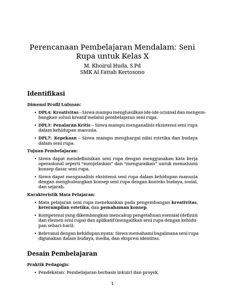 Perencanaan Pembelajaran Seni Rupa Kelas X | PDF