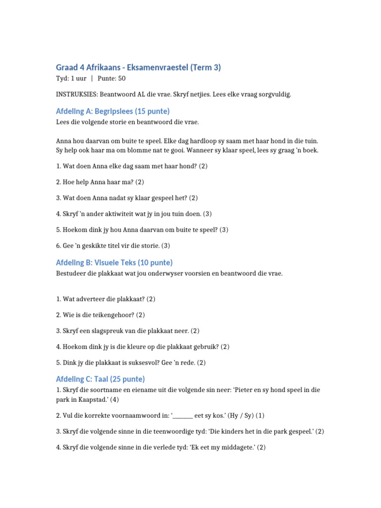 Afrikaans Exam Grade4 | PDF