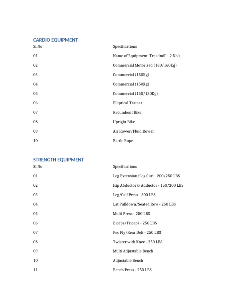 Gym Equipment List and Specifications | PDF