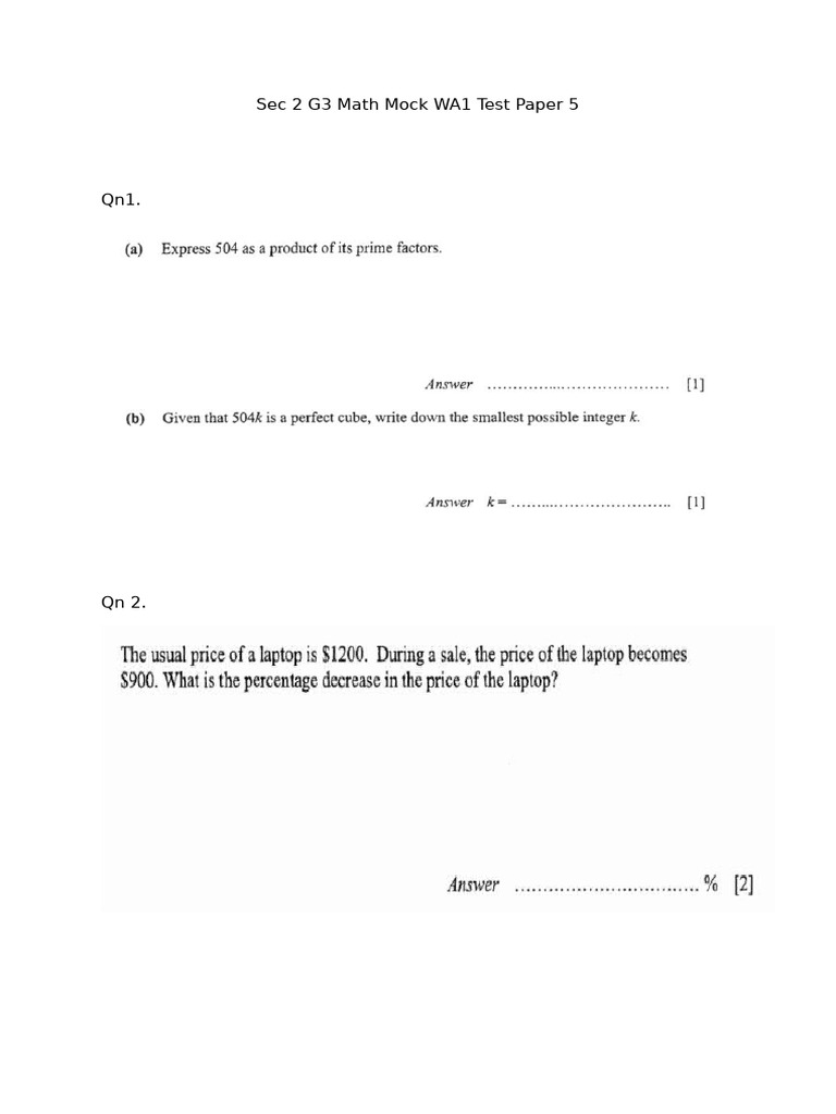Sec 2 G3 Math Mock WA1 Test Paper 5 | PDF