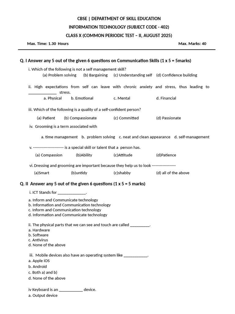 CBSE Class X IT Skill Test Paper | PDF | Compassion | Information And ...