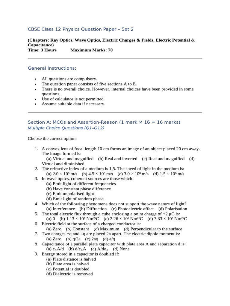 CBSE Class 12 Physics Set 2 Exam Paper | PDF | Capacitor | Optics
