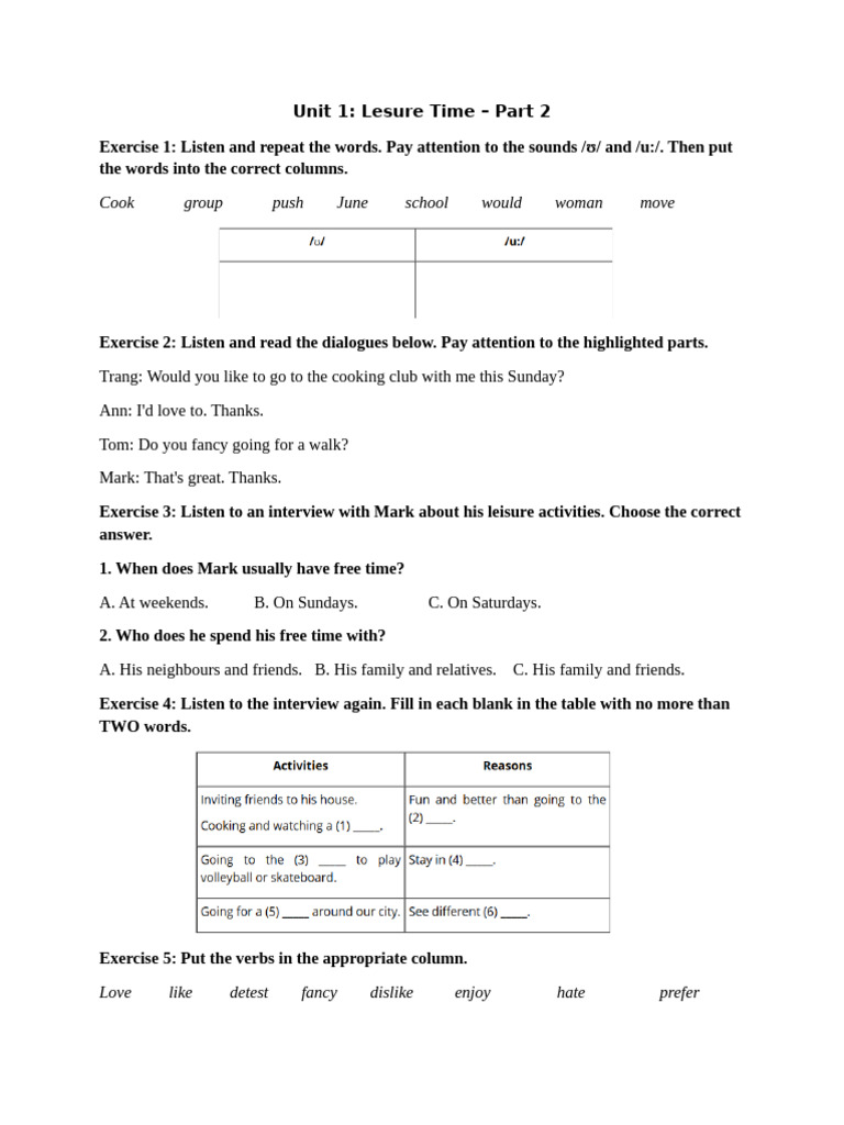 Leisure Activities and Verbs Practice | PDF