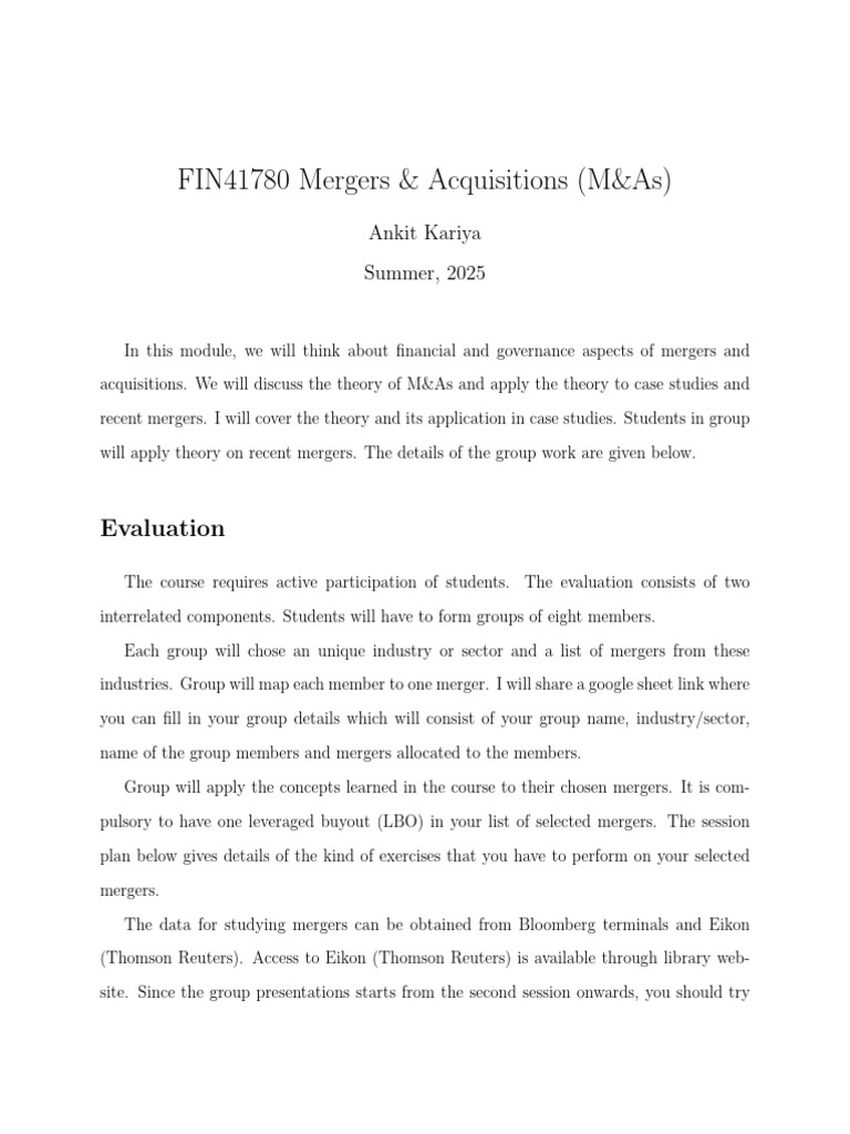 Mergers & Acquisitions Course Overview | PDF | Mergers And Acquisitions ...