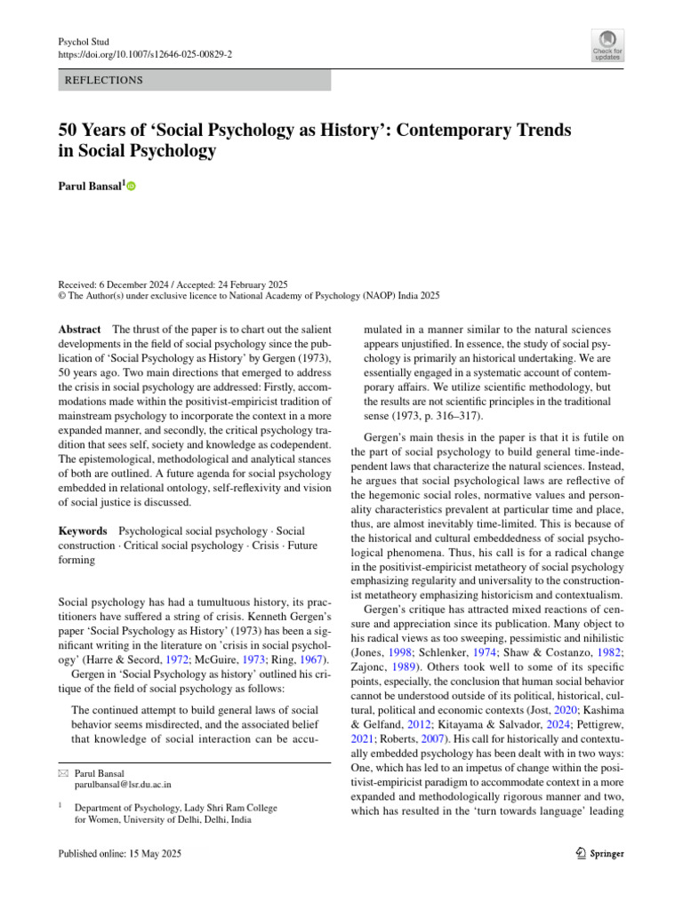 Social Psychology: 50 Years of Change | PDF | Psychology | Social ...