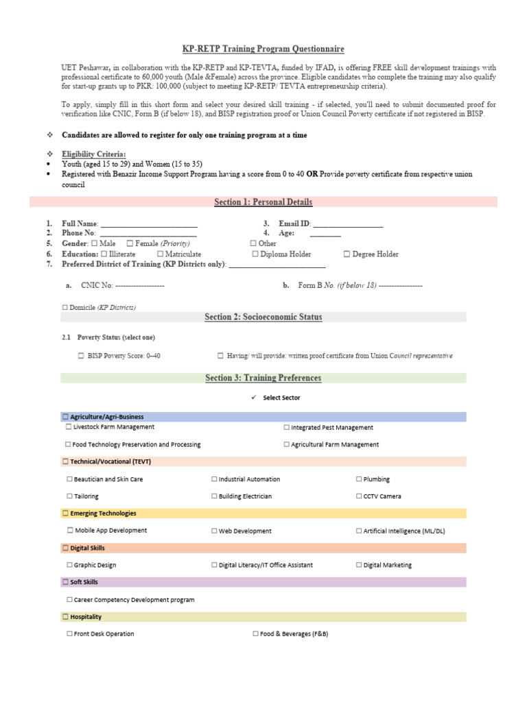 KP-RETP Skill Development Registration | PDF