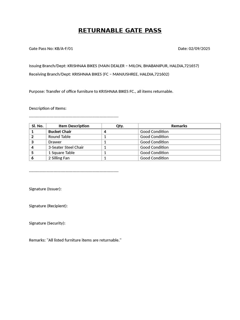 Returnable Gate Pass for Furniture Transfer | PDF