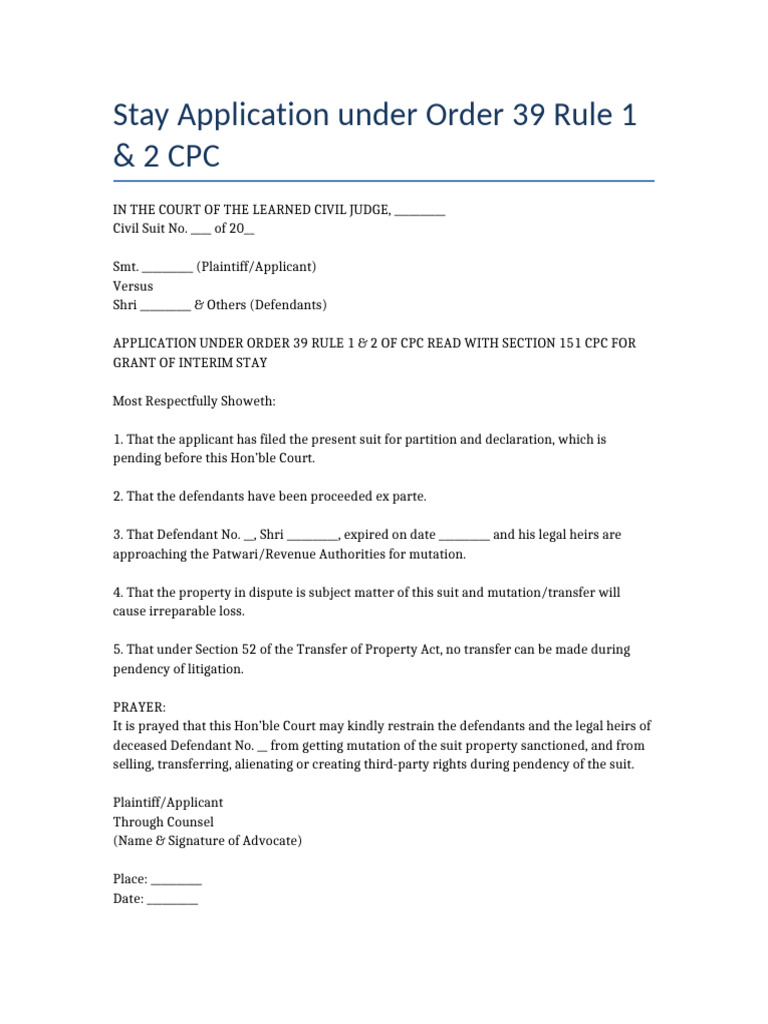 Stay Application Under CPC Order 39 | PDF