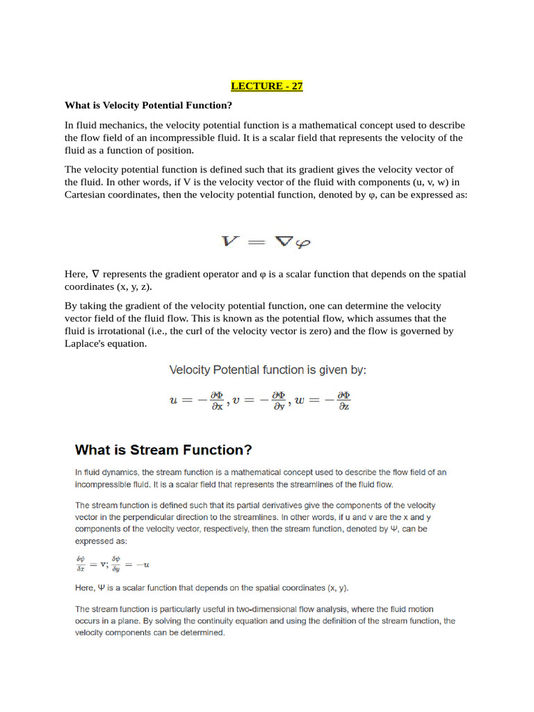 Velocity Potential Function in Fluid Mechanics | PDF