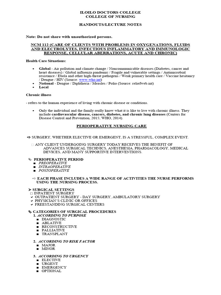 Perioperative Nursing Care Overview | PDF | Anesthesia | Surgery