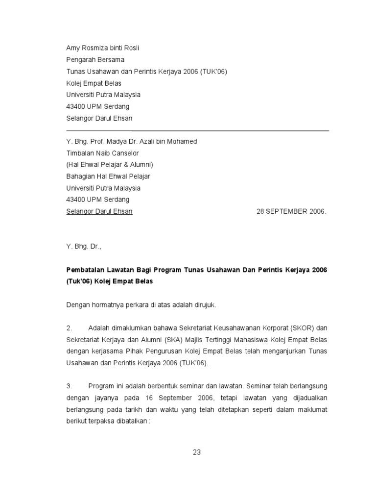 Contoh Surat Rasmi Pembatalan Program