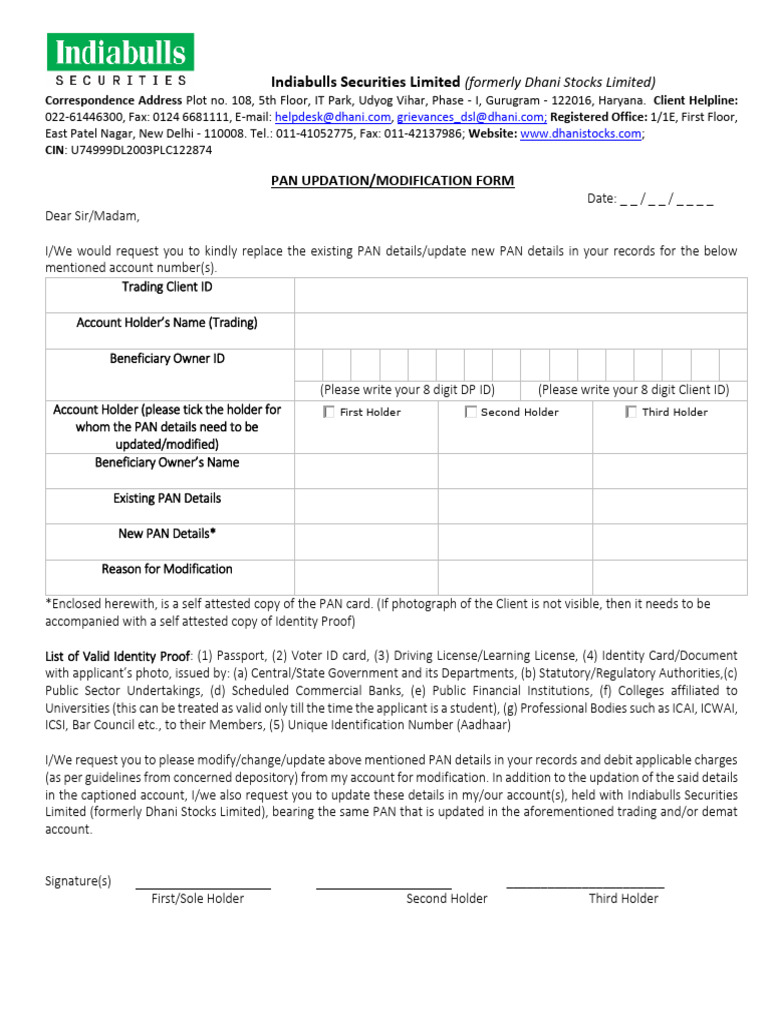 Indiabulls PAN Update Form | PDF | Identity Document | Applications Of ...