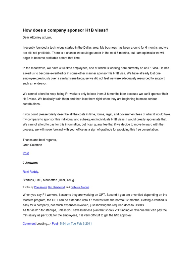 H1B Sponsor and H1B Employer Companies Rules for 2011 H 1 B Visa