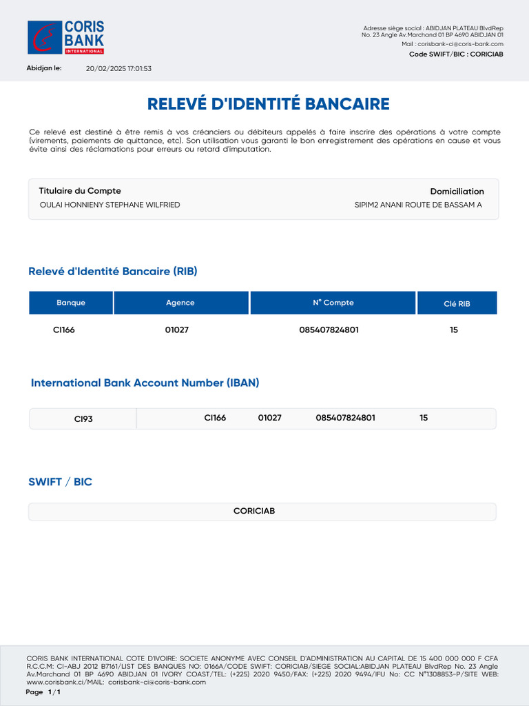 RIB et Informations Coris Bank Abidjan | PDF