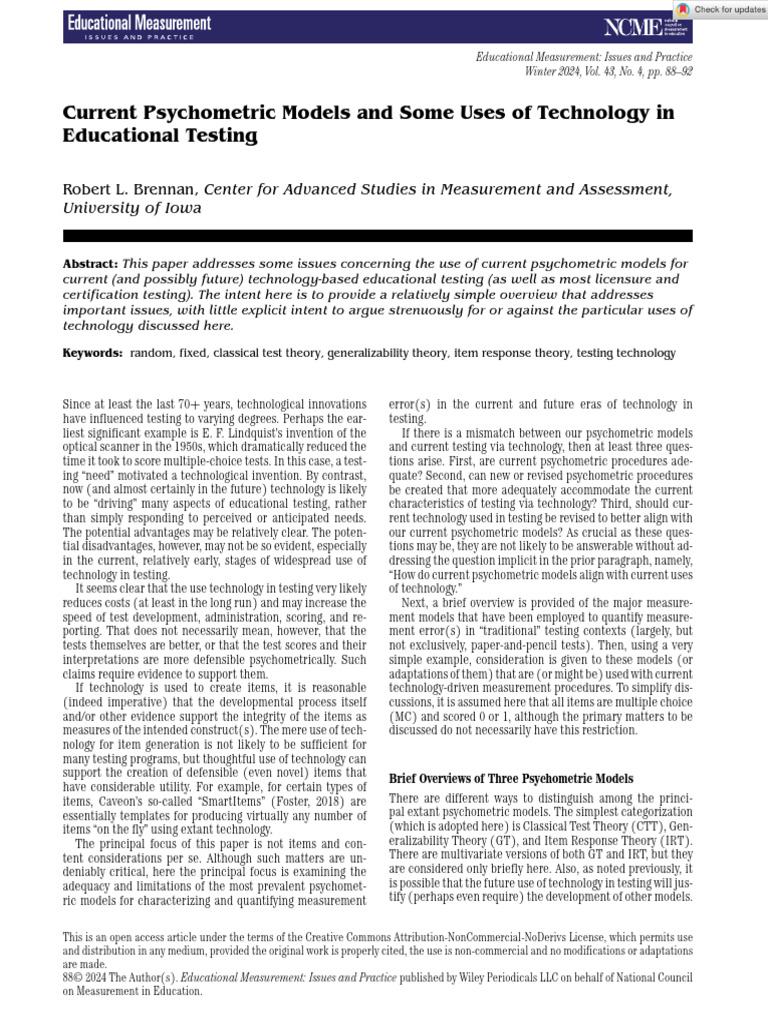 Educational Measurement - 2024 - Brennan - Current Psychometric Models ...