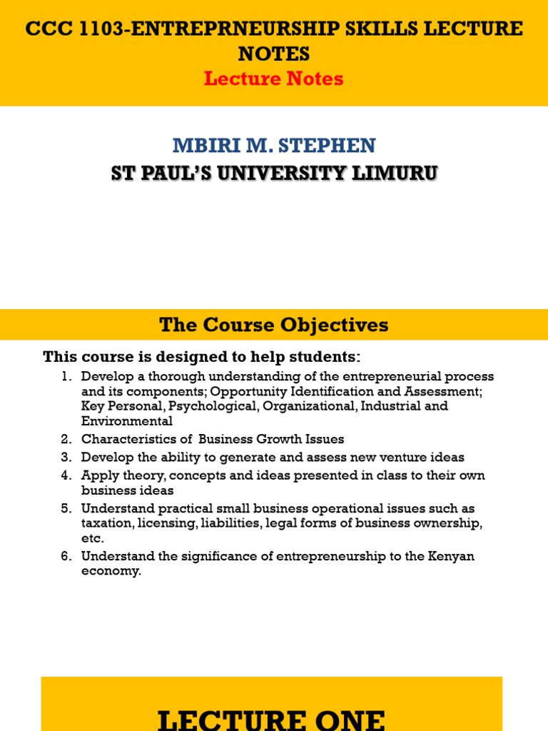 CCC 1103-Entreprneurship Skills Lecture Notes | PDF | Entrepreneurship ...