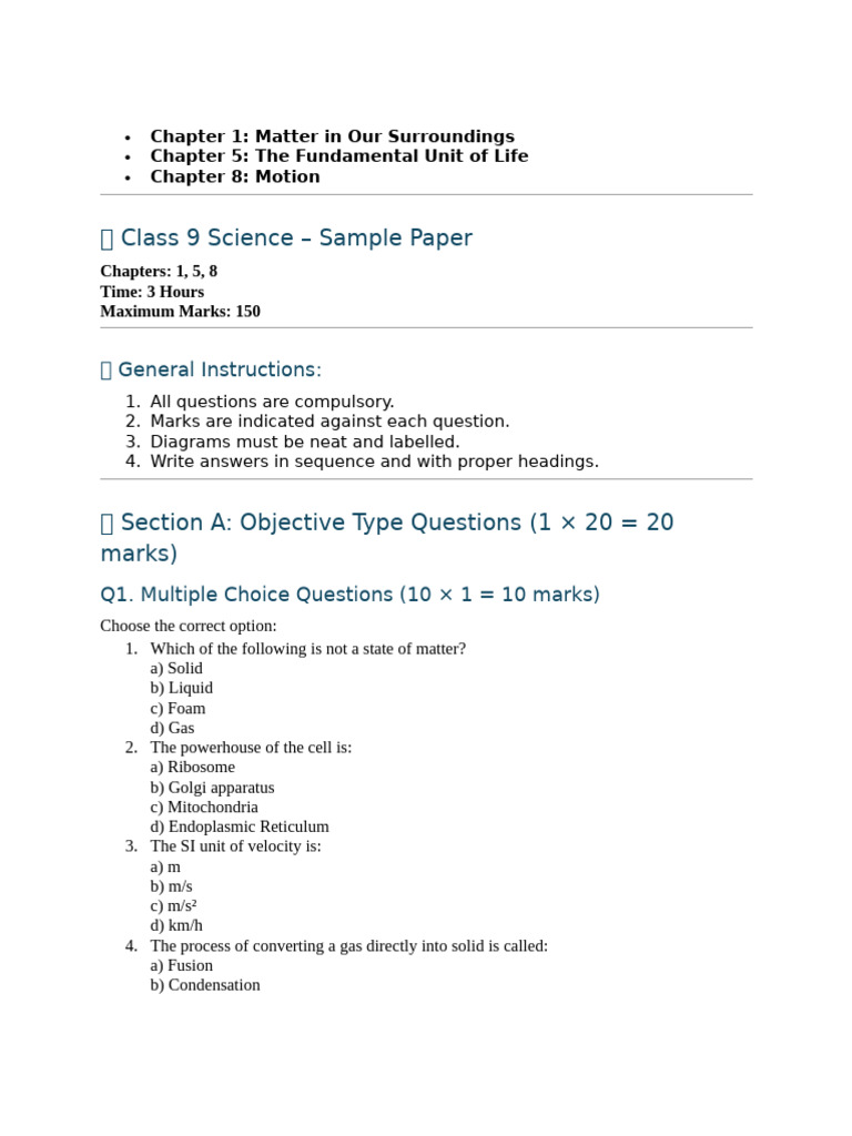 Class 9 Science Sample Paper Guide | PDF | Cell (Biology) | Cytoplasm