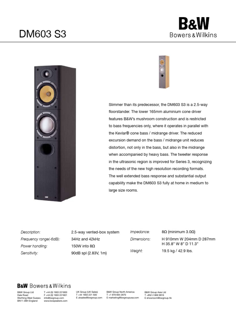 Bowers & Wilkins DM603 S3 Spec Sheet | PDF | Electrical