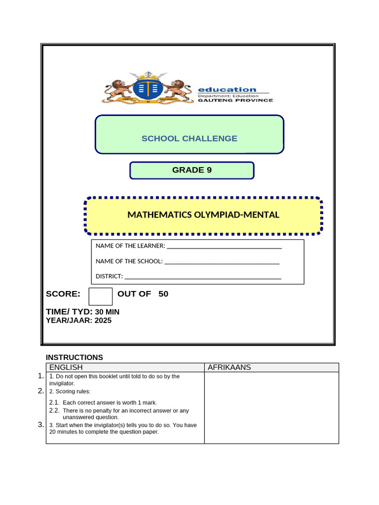Grade 9 Mathematics Olympiad Challenge | PDF