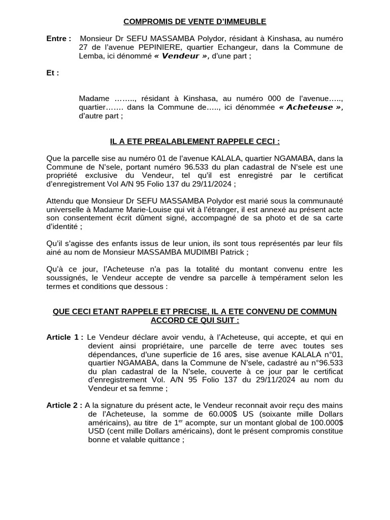 Modèle de compromis de vente immobilier | PDF