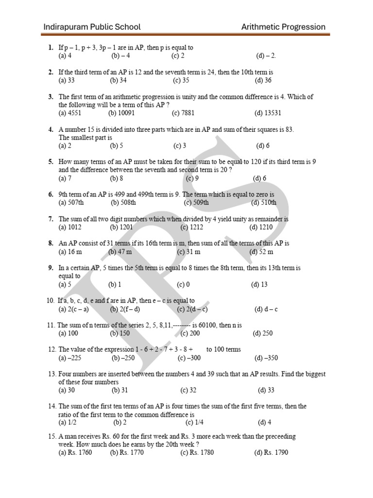 Worksheet On Arithmatic Progression | PDF | Mathematics