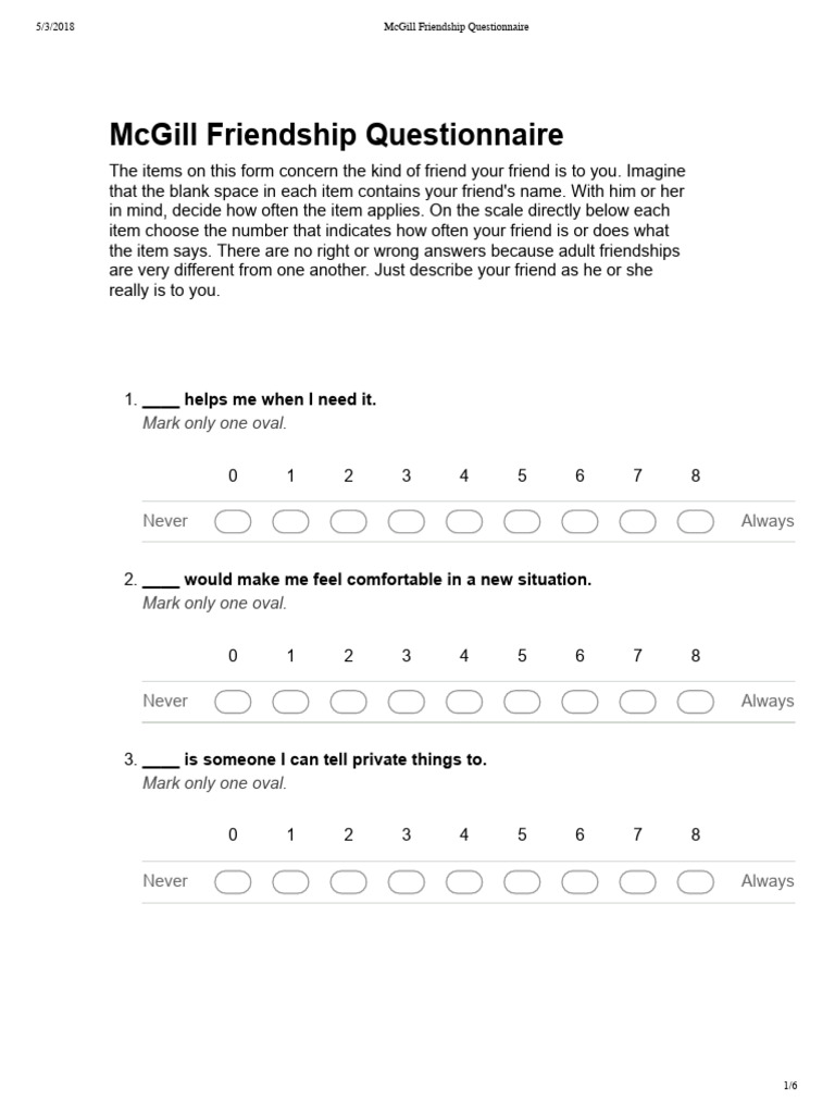 McGill Friendship Questionnaire Form | PDF | Questionnaire | Chess Theory