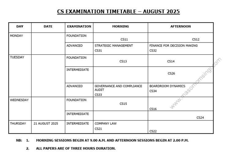 CS Examination Timetable | PDF