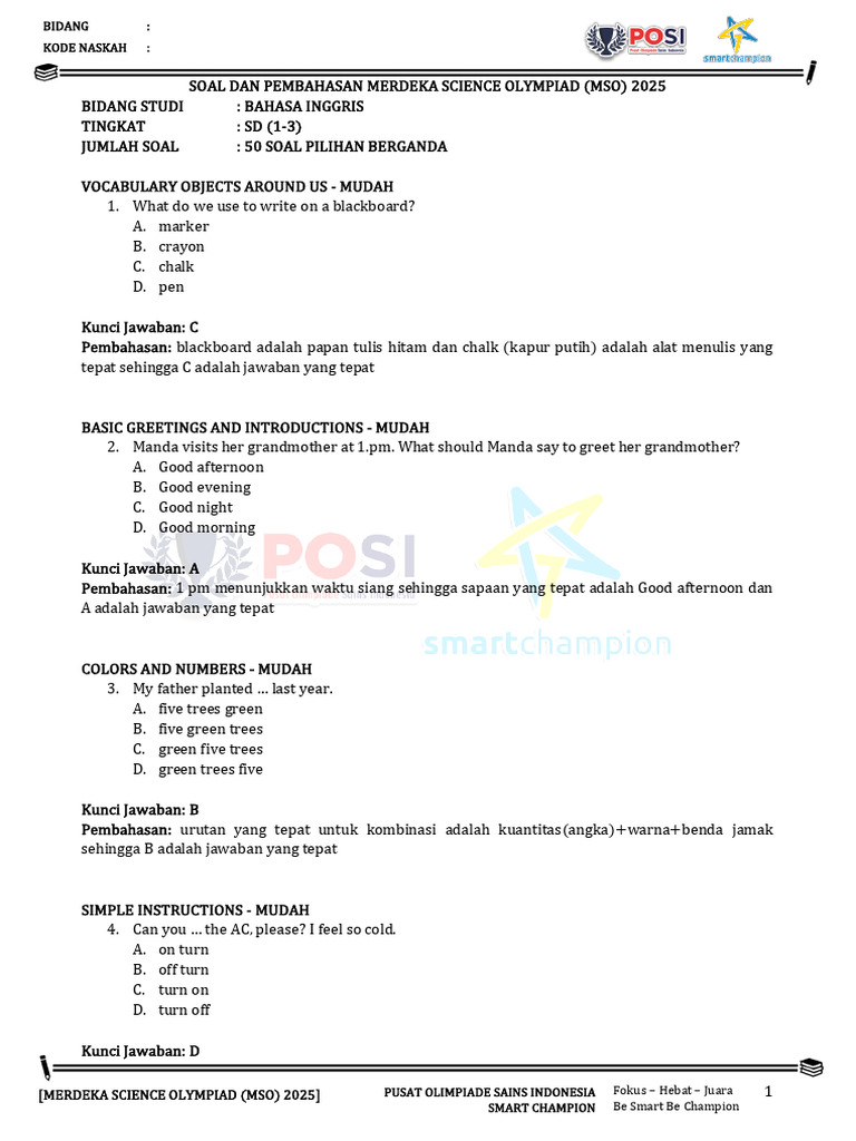 Soal MSO 2025 Bahasa Inggris SD | PDF