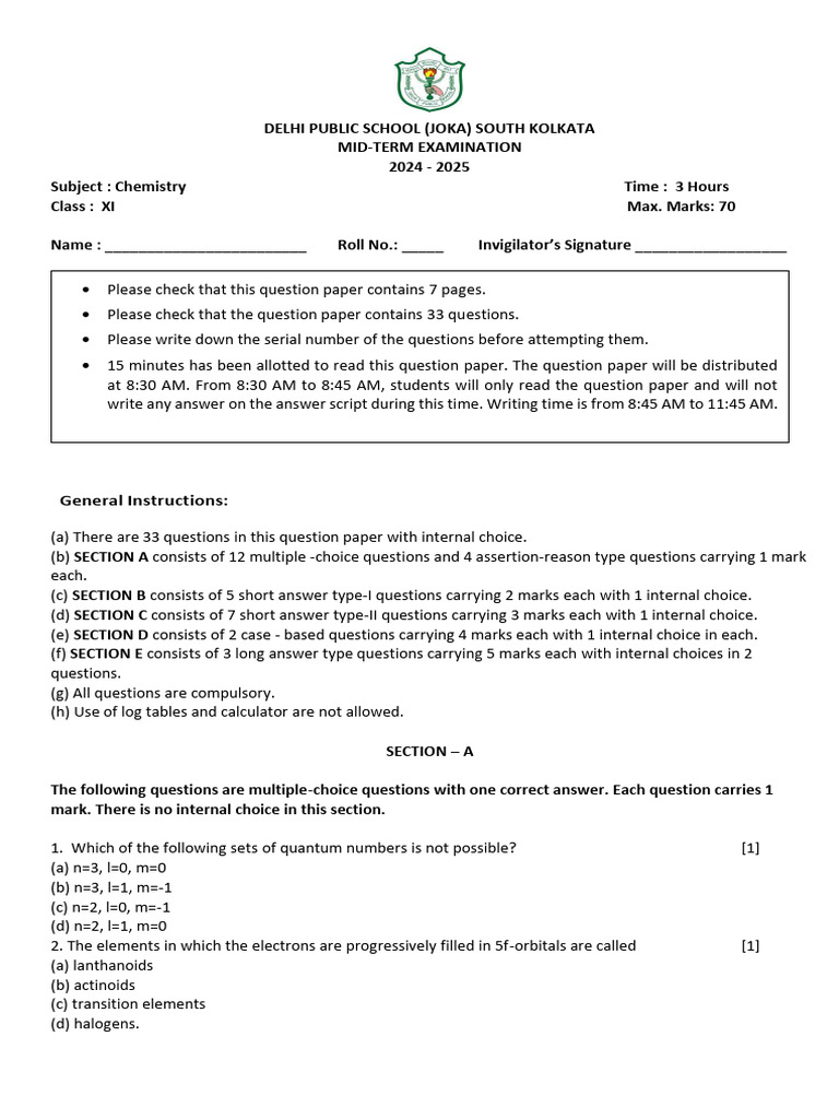 Chemistry Mid-Term Exam Paper XI 2024 | PDF | Isomer | Atoms