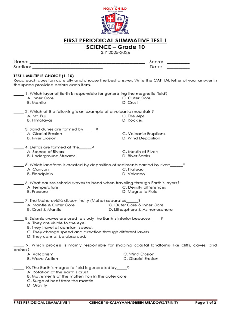 Grade 10 Science Periodical Test 1 | PDF | Earth | Structure Of The Earth