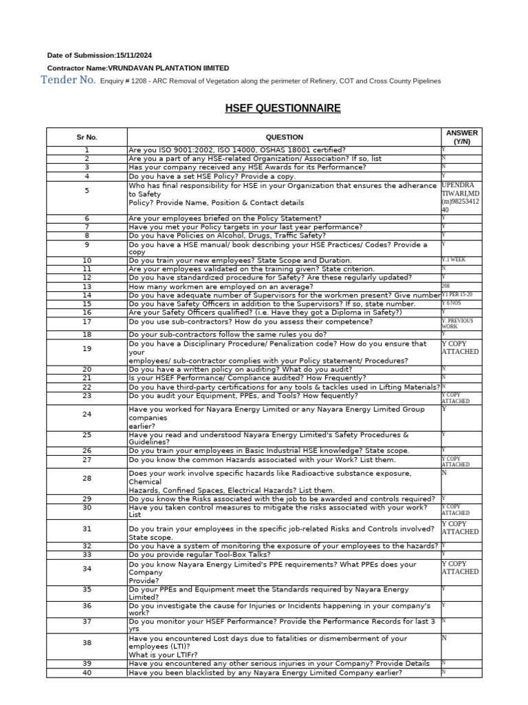 C. HSE Questiionnaire | PDF | Hazards | Personal Protective Equipment