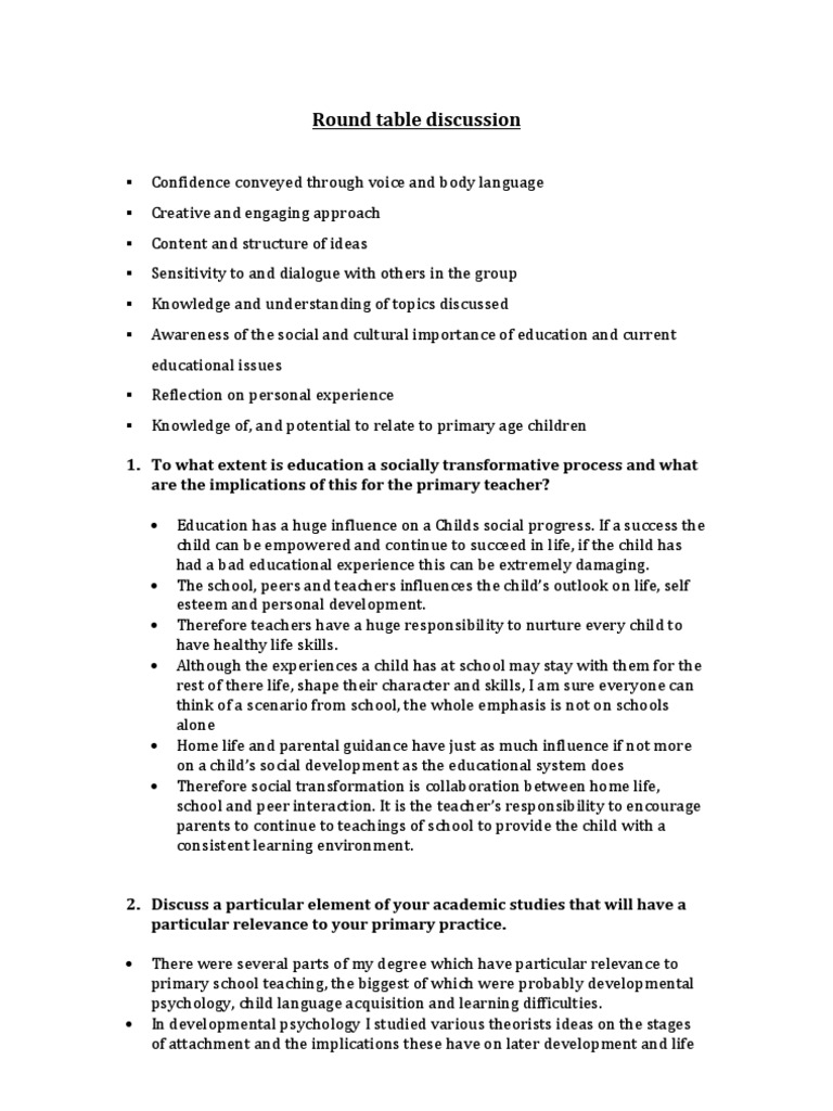 PGCE Round Table Discussions Curriculum Learning