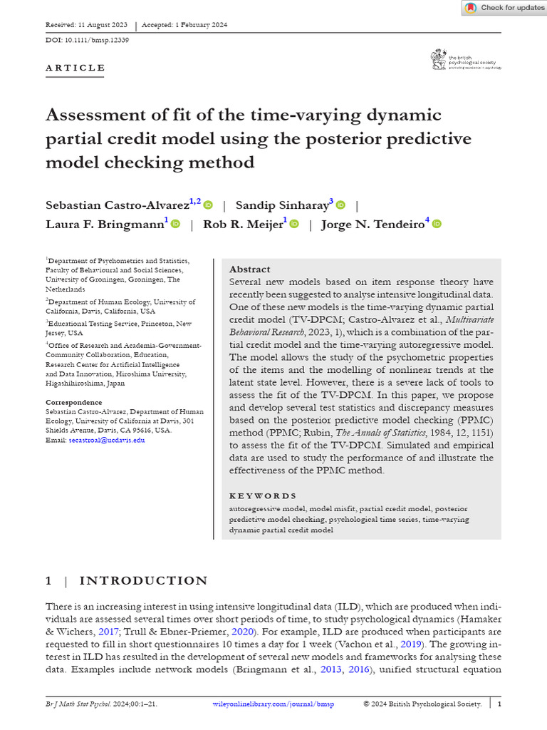 Fit Assessment for Time-Varying IRT Model | PDF | Statistics | Monte ...