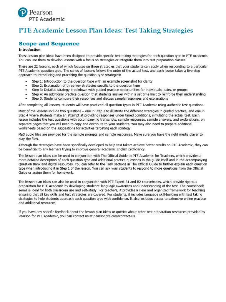 PTE Academic Test Strategies Guide | PDF | Lesson Plan | Behavior ...