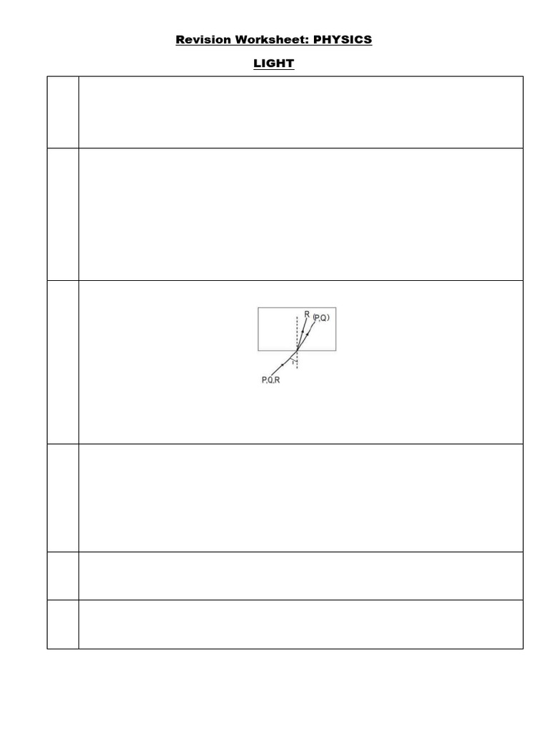 Physics Light Revision Worksheet | PDF | Refraction | Refractive Index
