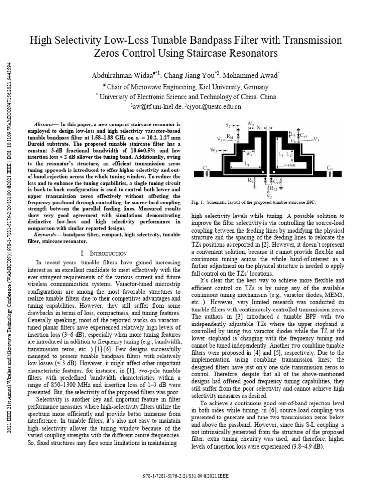 High Selectivity Low-Loss Tunable Bandpass Filter With Transmission ...