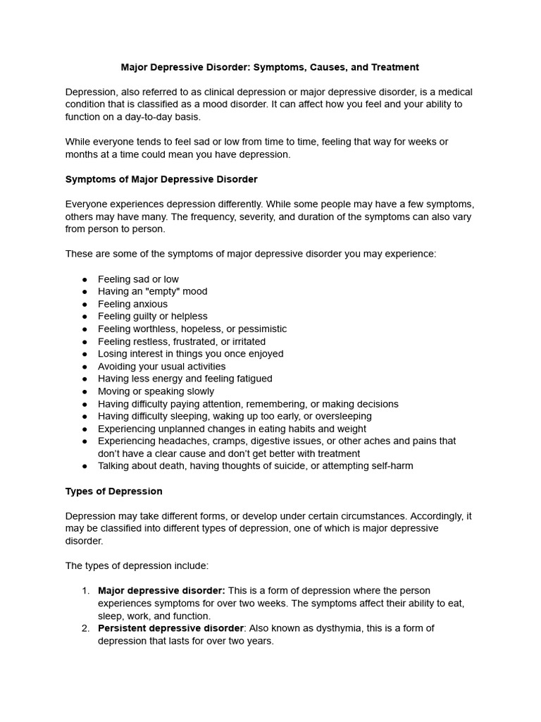 Major Depressive Disorder - Symptoms, Causes, and Treatment | PDF ...