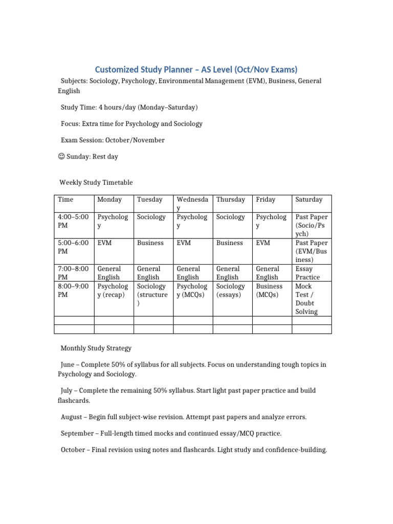 As Level Study Planner Oct Nov | PDF