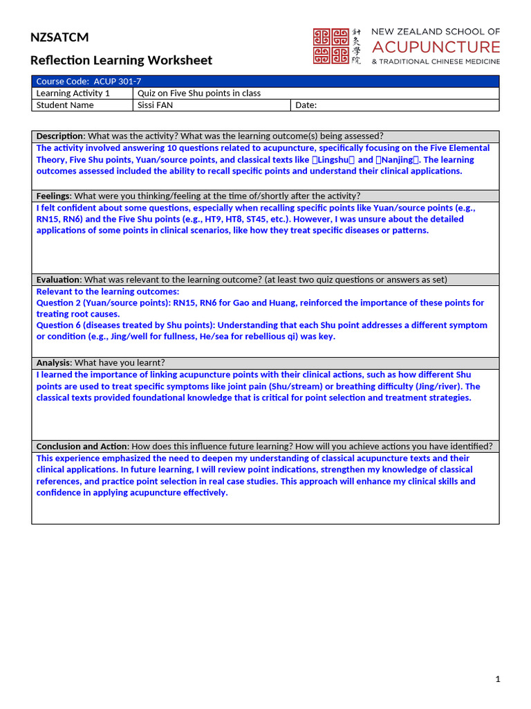 Acupuncture Learning Reflection Worksheet | PDF | Acupuncture | Learning