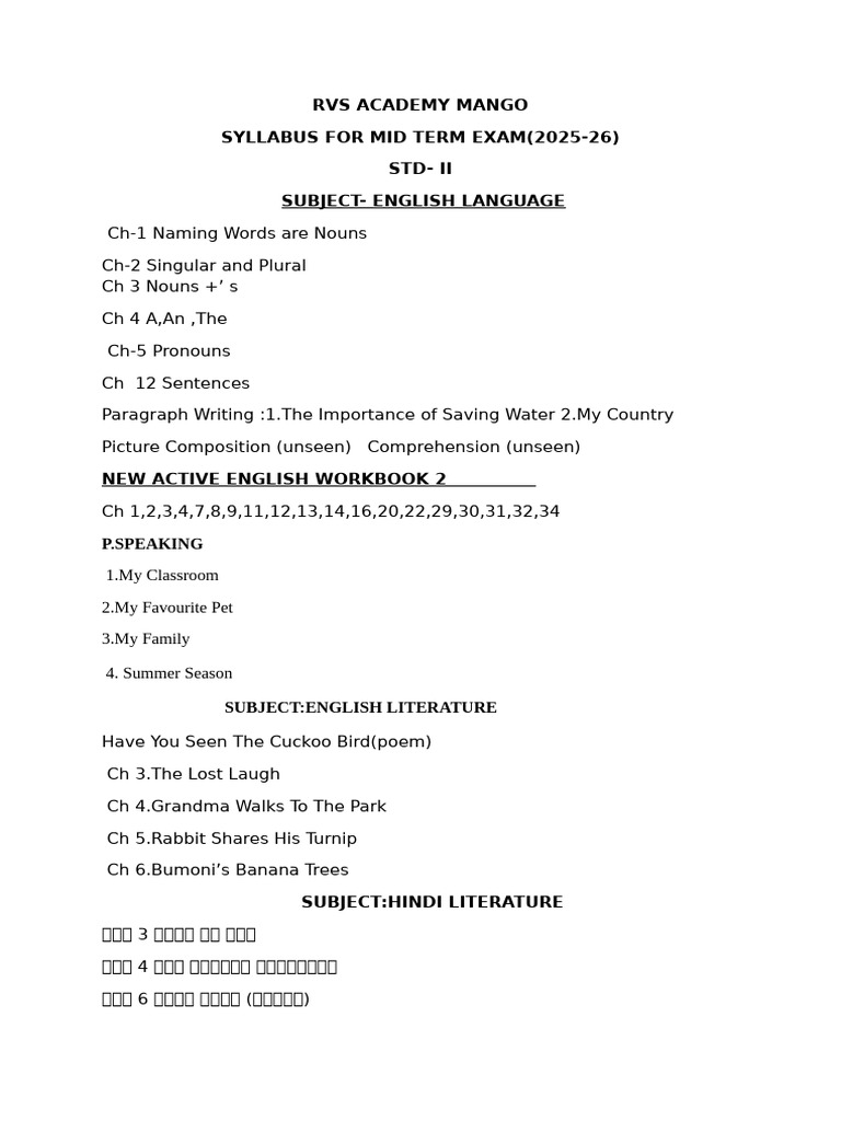 RVS Academy Std II Mid Term Exam Syllabus | PDF | English Language ...