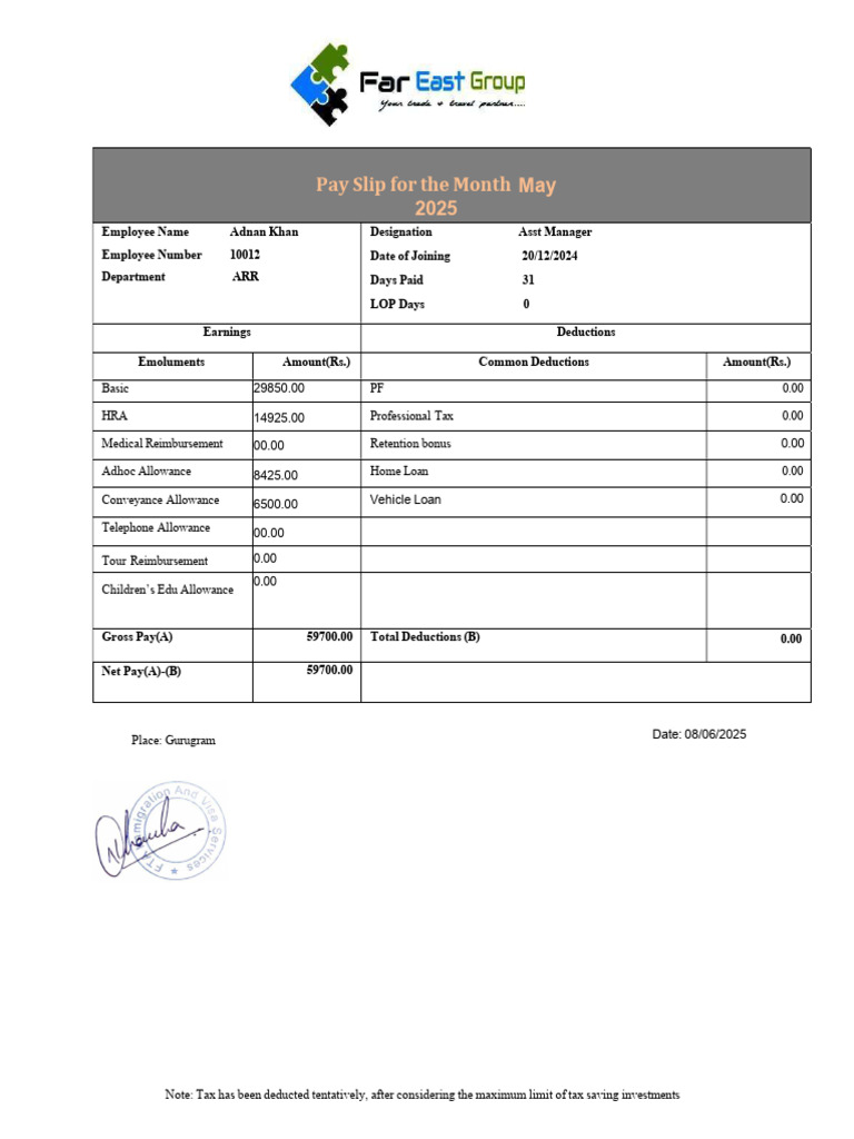 May 2025 Pay Slip for Adnan Khan | PDF