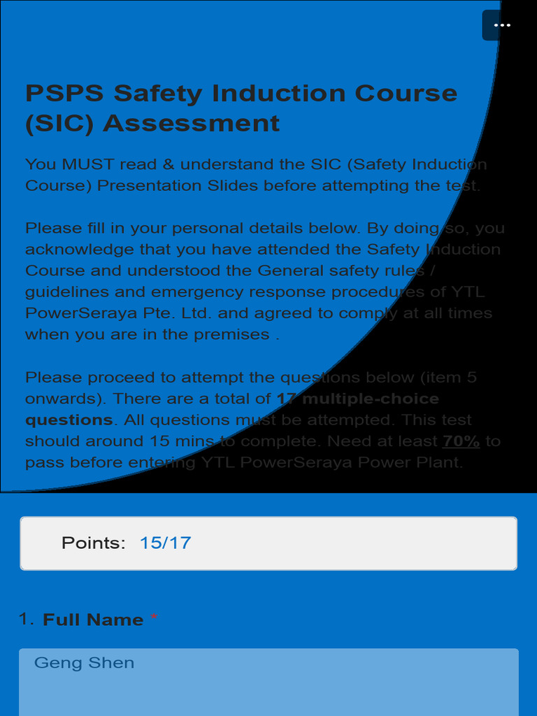 PSPS Safety Induction Course (SIC) Assessment | PDF
