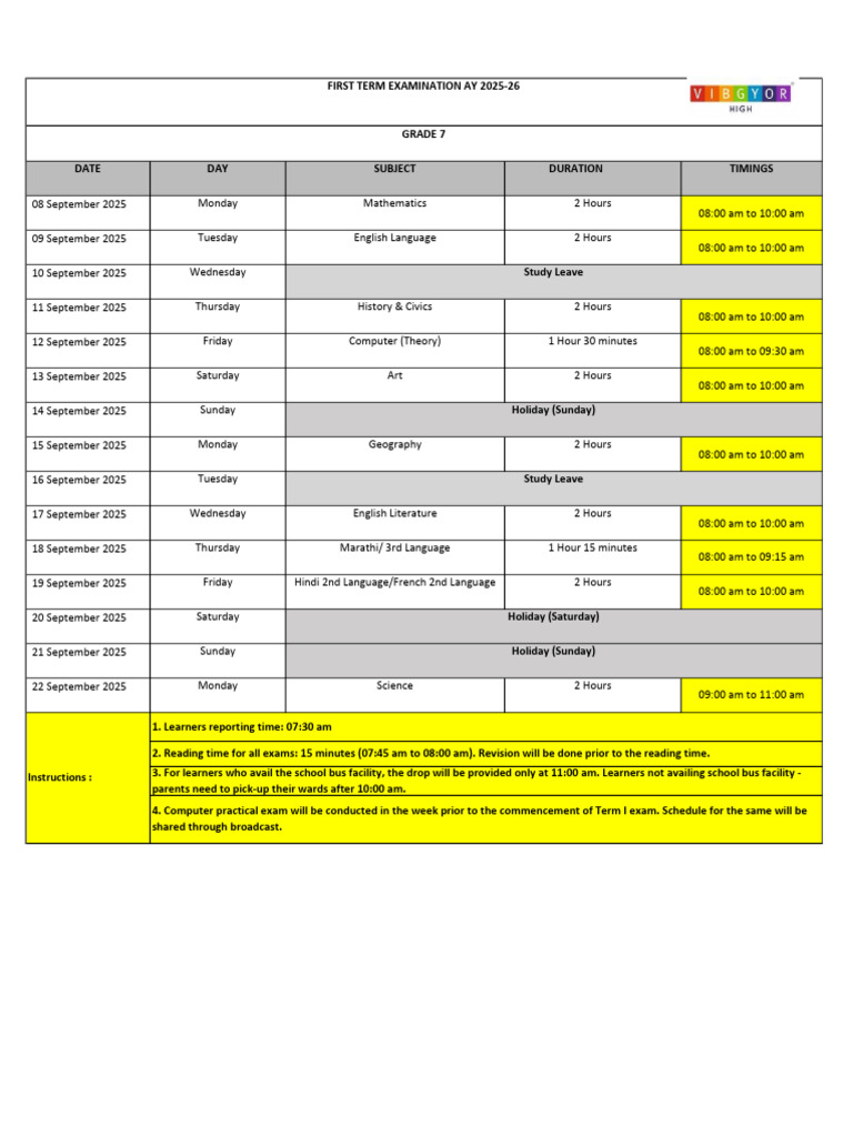 Grade 7 Exam Timetable 2025 | PDF