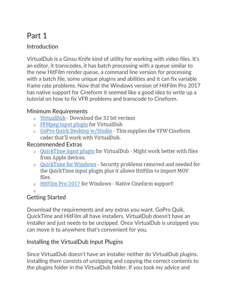 VirtualDub Setup for Cineform Transcoding | PDF | Film And Video ...