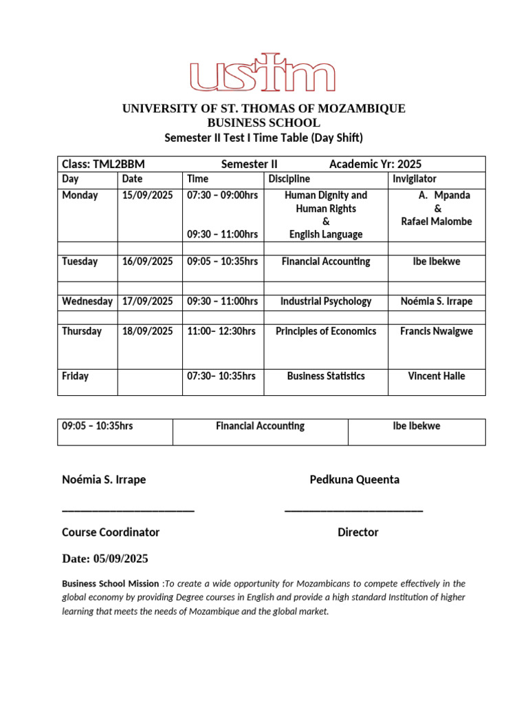2025 Sem II Test I Timetable Day | PDF | Mozambique | Business Economics