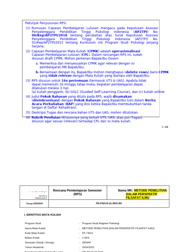 RPS Metode Penelitian Filsafat Ilmu | PDF